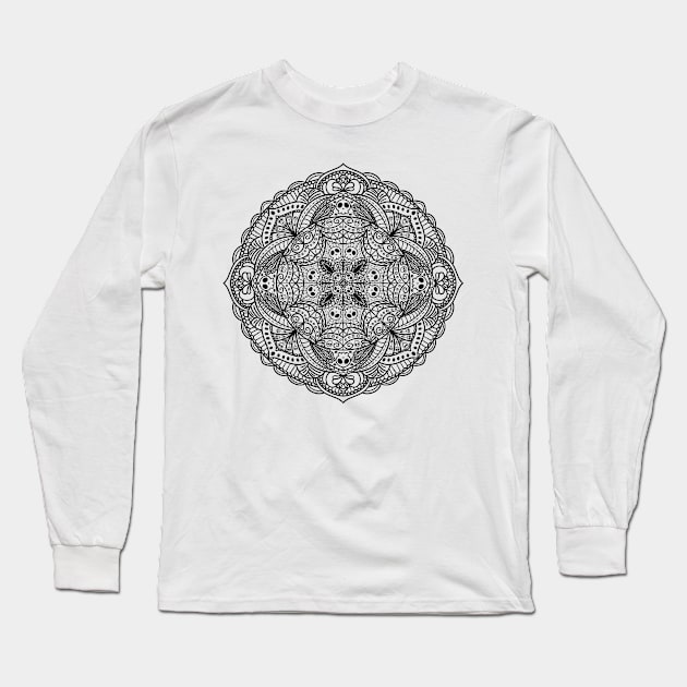 Black Skull Mandala Cute and Spoopy Yoga Halloween Design Long Sleeve T-Shirt by Jazzamuffin Studio